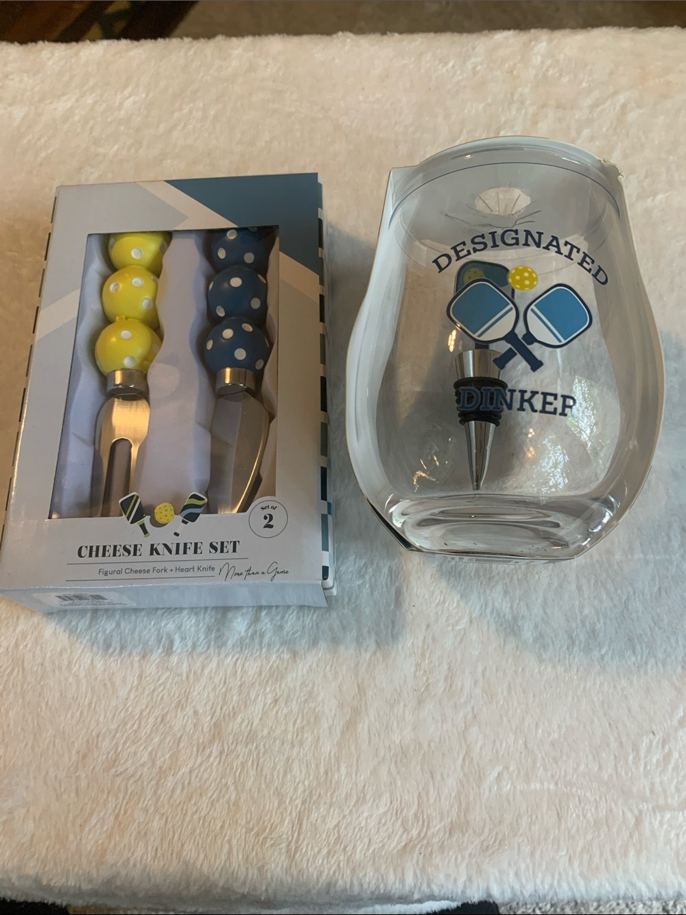 Pickleball Matching Wine stopper W/Glass & Cheese Knife/Fork set NEW Dinker set